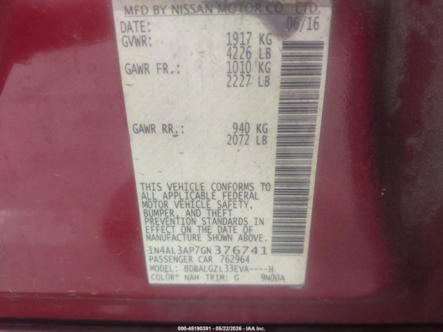 Aukcja sprzedaży 2016 Nissan Altima 2.5 S, vin: 1N4AL3AP7GN376741, numer aukcji: 45190391