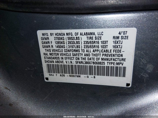 Aukcja sprzedaży 2007 Honda Odyssey Ex-l, vin: 5FNRL38667B068825, numer aukcji: 45190392