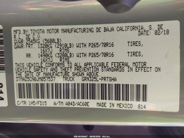 45190407 :رقم المزاد ، 3TMAZ5CN0JM057537 vin ، 2018 Toyota Tacoma Sr5 V6 مزاد بيع