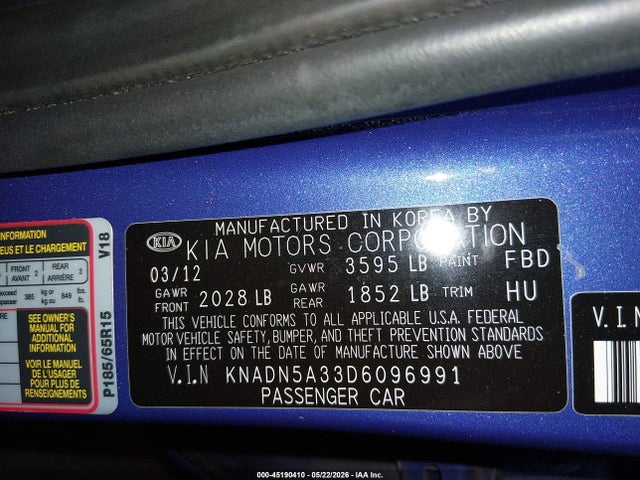45190410 :رقم المزاد ، KNADN5A33D6096991 vin ، 2013 Kia Rio Ex مزاد بيع