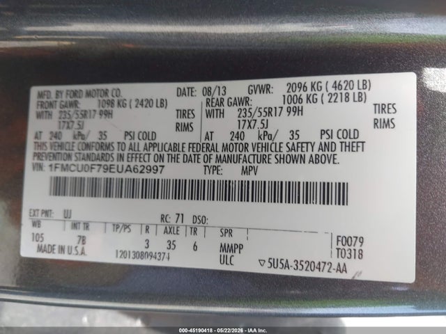 Продаж на аукціоні авто 2014 Ford Escape S, vin: 1FMCU0F79EUA62997, номер лоту: 45190418