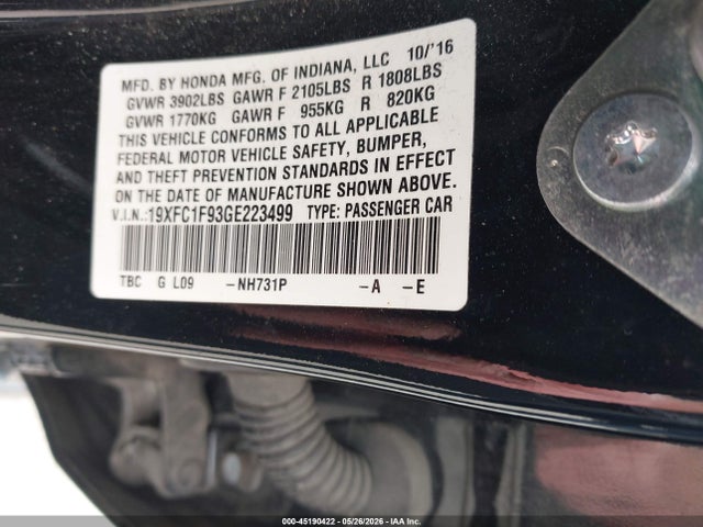 19XFC1F93GE223499 Honda Civic Touring