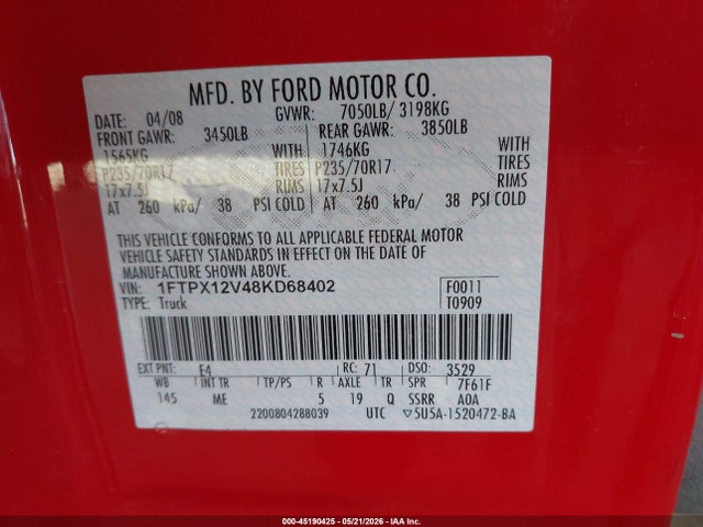 Aukcja sprzedaży 2008 Ford F-150 Fx2/lariat/xl/xlt, vin: 1FTPX12V48KD68402, numer aukcji: 45190425