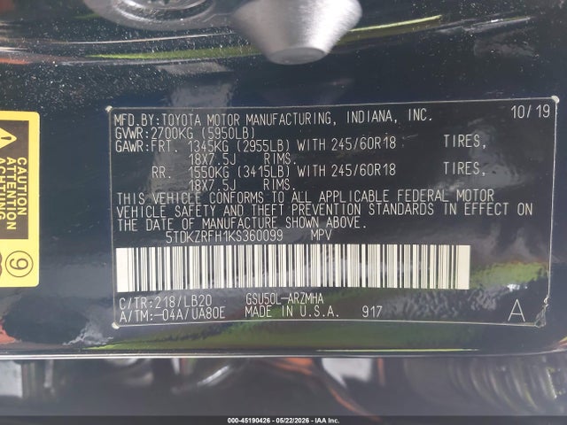 Aukcja sprzedaży 2019 Toyota Highlander Xle, vin: 5TDKZRFH1KS360099, numer aukcji: 45190426