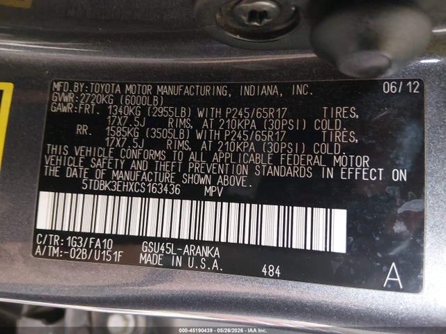 45190439 :رقم المزاد ، 5TDBK3EHXCS163436 vin ، 2012 Toyota Highlander Base V6 مزاد بيع
