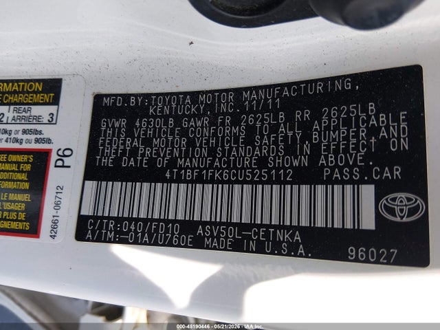 2012 Toyota Camry Le მანქანა იყიდება აუქციონზე, vin: 4T1BF1FK6CU525112, აუქციონის ნომერი: 45190446