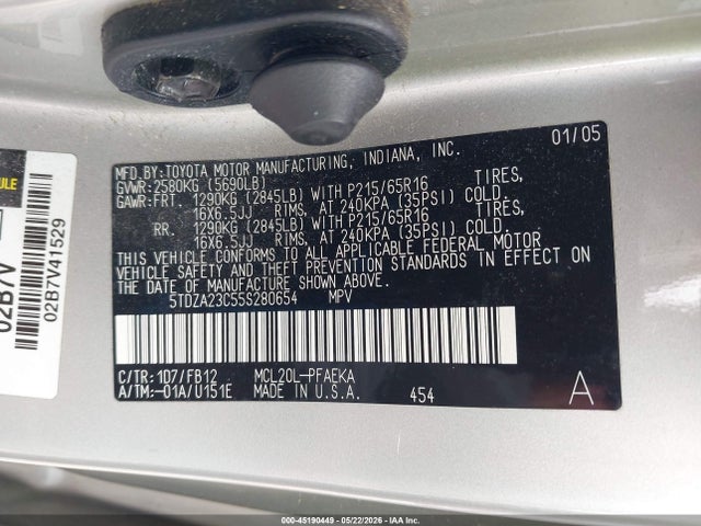 2005 Toyota Sienna Le მანქანა იყიდება აუქციონზე, vin: 5TDZA23C55S280654, აუქციონის ნომერი: 45190449