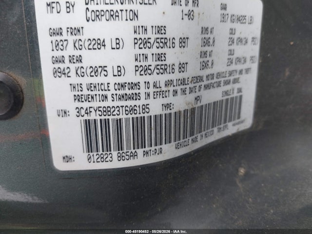 Auction sale of the 2003 Chrysler Pt Cruiser Touring, vin: 3C4FY58B23T606185, lot number: 45190452