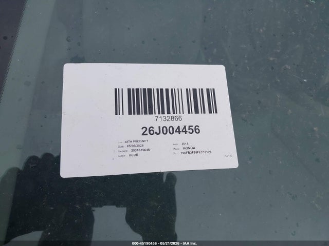 45190456 :رقم المزاد ، 19XFB2F59FE252929 vin ، 2015 Honda Civic Lx مزاد بيع