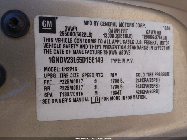 Продажа на аукционе авто 2005 Chevrolet Uplander Ls, vin: 1GNDV23L65D156149, номер лота: 45190462