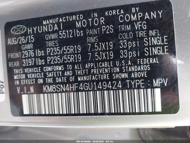 Продажа на аукционе авто 2016 Hyundai Santa Fe Limited, vin: KM8SN4HF4GU149424, номер лота: 45190466