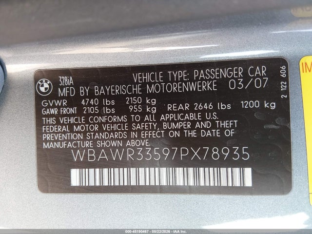 Aukcja sprzedaży 2007 Bmw 328i, vin: WBAWR33597PX78935, numer aukcji: 45190467