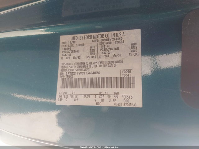 Auction sale of the 2000 Ford F-150 Lariat/work Series/xl/xlt, vin: 1FTRX17W9YKA64024, lot number: 45190475