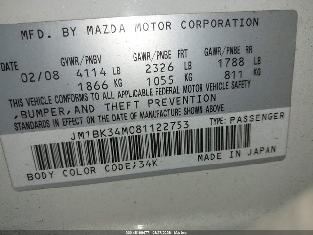 Aukcja sprzedaży 2008 Mazda Mazdaspeed3 Grand Touring, vin: JM1BK34M081122753, numer aukcji: 45190477