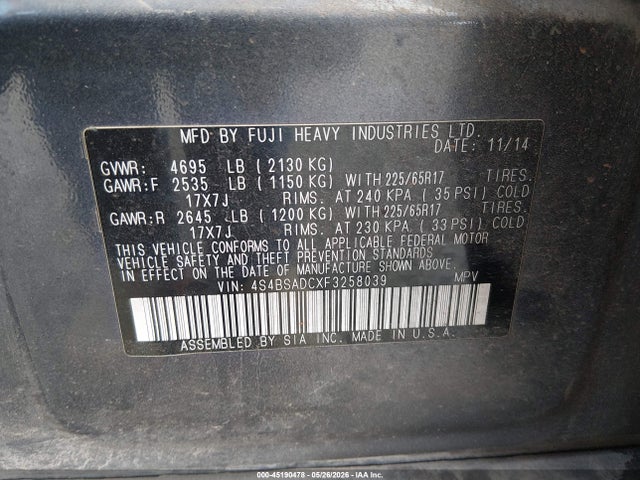 Subaru Outback 2.5i Premium 2015 4S4BSADCXF3258039 Image 9