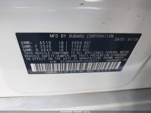 2019 Subaru Legacy 2.5i Limited მანქანა იყიდება აუქციონზე, vin: 4S3BNAN60K3026211, აუქციონის ნომერი: 45190480