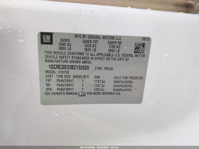 Aukcja sprzedaży 2011 Chevrolet Silverado 1500 Lt, vin: 1GCRCSE03BZ132929, numer aukcji: 45190495