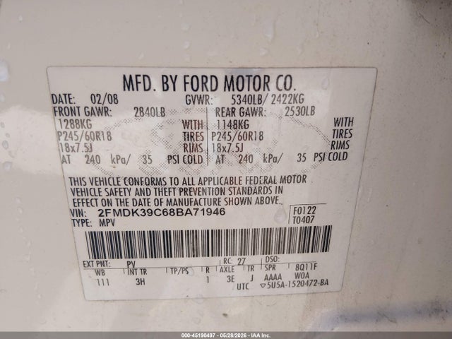 Aukcja sprzedaży 2008 Ford Edge Limited, vin: 2FMDK39C68BA71946, numer aukcji: 45190497