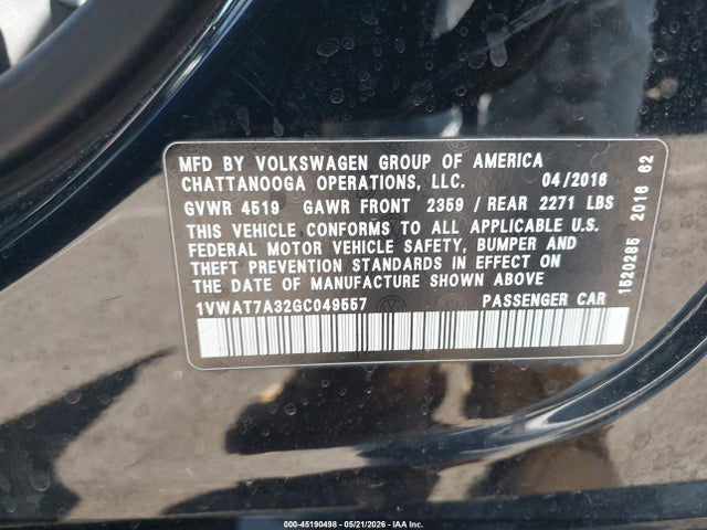 Aukcja sprzedaży 2016 Volkswagen Passat 1.8t S, vin: 1VWAT7A32GC049557, numer aukcji: 45190498