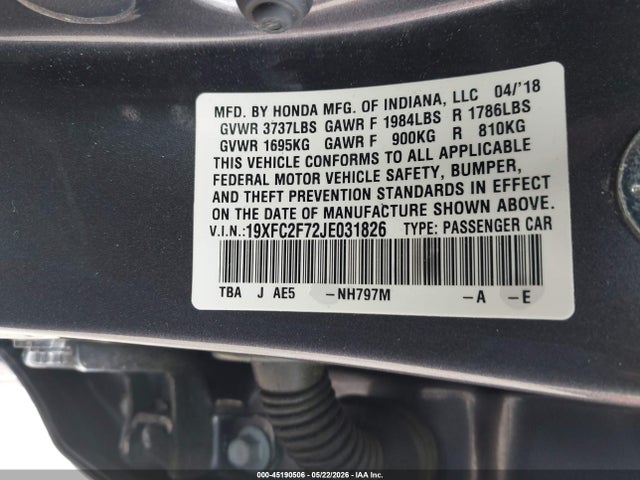 Aukcja sprzedaży 2018 Honda Civic Ex, vin: 19XFC2F72JE031826, numer aukcji: 45190506