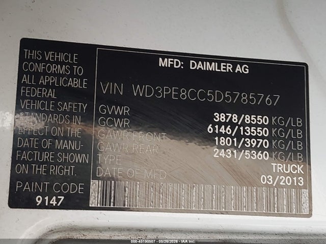 45190507 :رقم المزاد ، WD3PE8CC5D5785767 vin ، 2013 Mercedes-benz Sprinter 2500 High Roof مزاد بيع