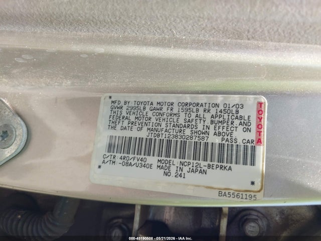 45190508 :رقم المزاد ، JTDBT123830287587 vin ، 2003 Toyota Echo مزاد بيع