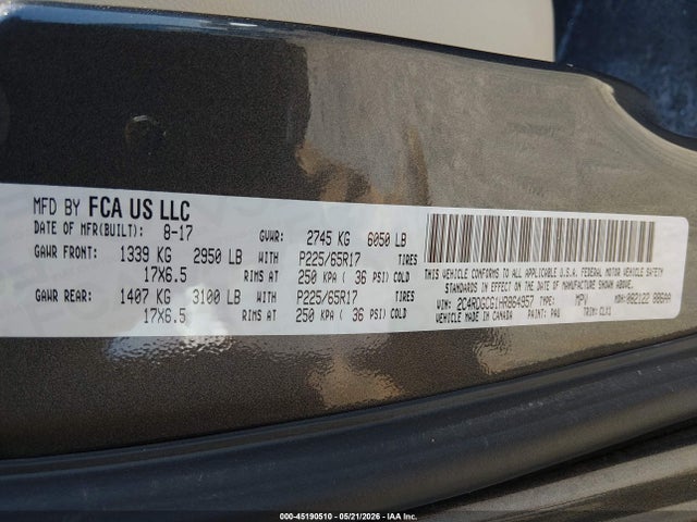 2017 Dodge Grand Caravan Sxt მანქანა იყიდება აუქციონზე, vin: 2C4RDGCG1HR864957, აუქციონის ნომერი: 45190510