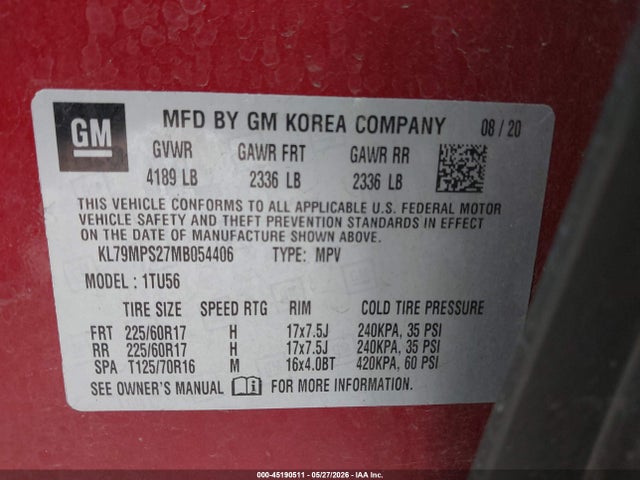 45190511 :رقم المزاد ، KL79MPS27MB054406 vin ، 2021 Chevrolet Trailblazer Fwd Lt مزاد بيع