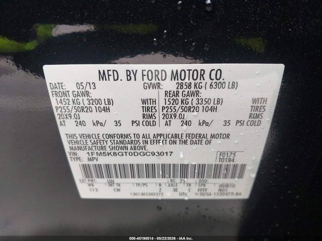 Продажа на аукционе авто 2013 Ford Explorer Sport, vin: 1FM5K8GT0DGC93017, номер лота: 45190514
