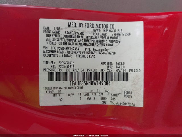 2008 Ford Focus Se/ses მანქანა იყიდება აუქციონზე, vin: 1FAHP35N48W149384, აუქციონის ნომერი: 45190517
