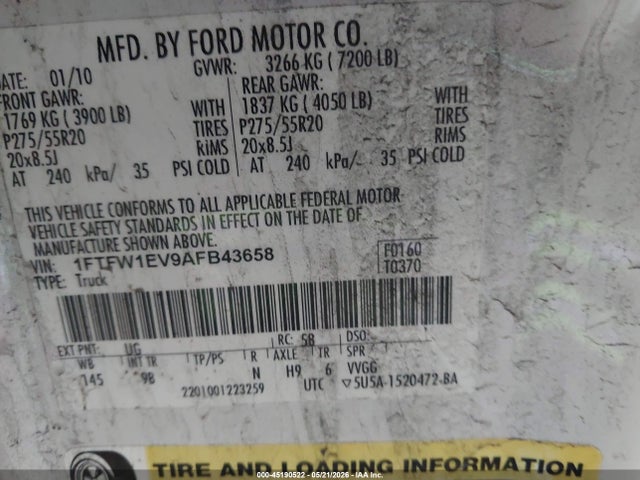 Auction sale of the 2010 Ford F-150 Fx4/harley-davidson/king Ranch/lariat/platinum/xl/xlt, vin: 1FTFW1EV9AFB43658, lot number: 45190522