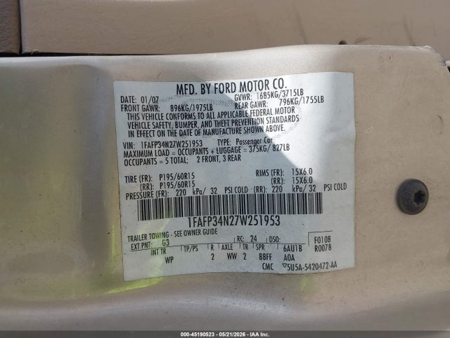 Aukcja sprzedaży 2007 Ford Focus S/se/ses, vin: 1FAFP34N27W251953, numer aukcji: 45190523