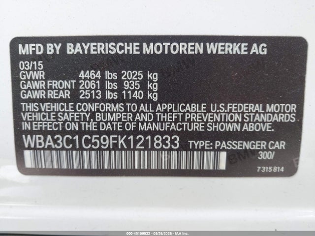45190532 :رقم المزاد ، WBA3C1C59FK121833 vin ، 2015 Bmw 328i مزاد بيع