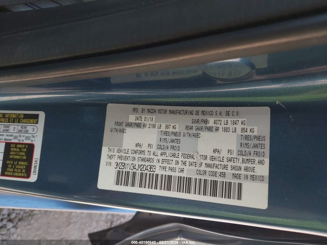 Продажа на аукционе авто 2018 Mazda Mazda3 Touring, vin: 3MZBN1V34JM204363, номер лота: 45190540