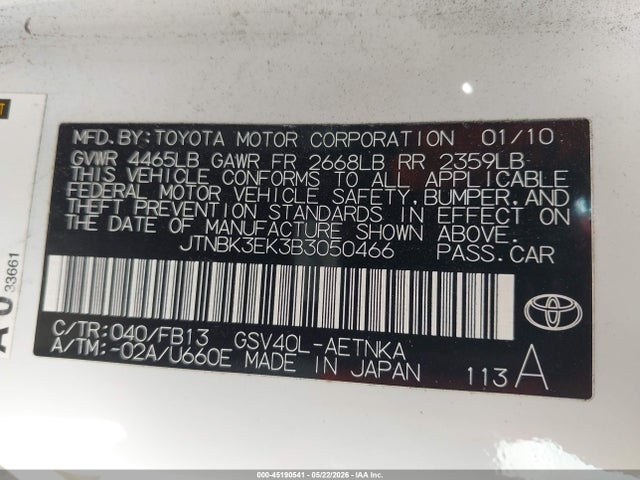 45190541 :رقم المزاد ، JTNBK3EK3B3050466 vin ، 2011 Toyota Camry Le V6 مزاد بيع