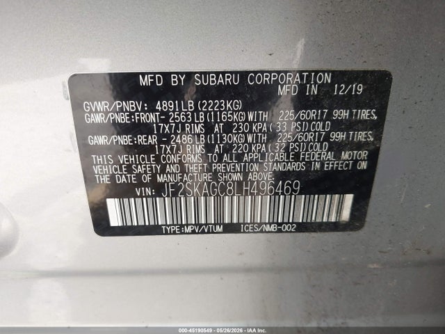 Продаж на аукціоні авто 2020 Subaru Forester Premium, vin: JF2SKAGC8LH496469, номер лоту: 45190549