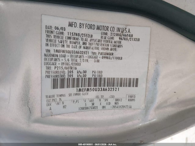 2003 Mercury Sable Gs მანქანა იყიდება აუქციონზე, vin: 1MEFM50U33A632521, აუქციონის ნომერი: 45190551