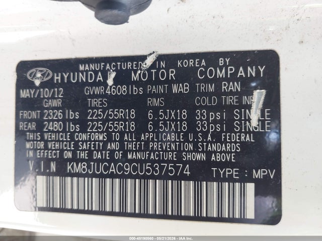 Aukcja sprzedaży 2012 Hyundai Tucson Limited, vin: KM8JUCAC9CU537574, numer aukcji: 45190560
