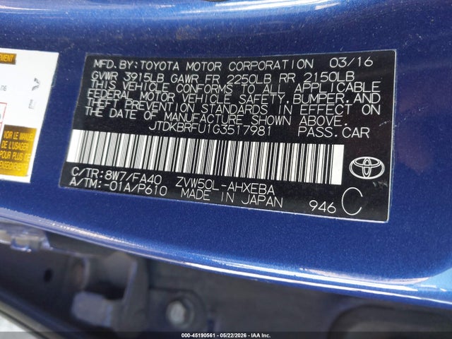 Toyota Prius Two 2016 JTDKBRFU1G3517981 Image 9