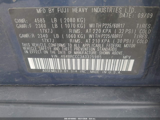 45190563 :رقم المزاد ، 4S4BRCCC3A3325985 vin ، 2010 Subaru Outback 2.5i Premium مزاد بيع