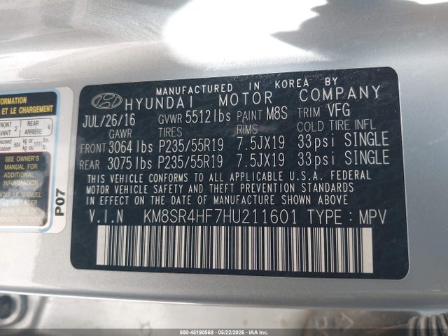 Aukcja sprzedaży 2017 Hyundai Santa Fe Limited Ultimate, vin: KM8SR4HF7HU211601, numer aukcji: 45190568