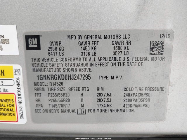 1GNKRGKD0HJ247295 Chevrolet Traverse 1lt
