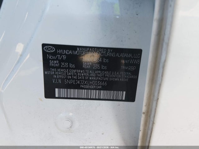 Aukcja sprzedaży 2020 Hyundai Sonata Sel Plus, vin: 5NPEJ4J2XLH003666, numer aukcji: 45190578