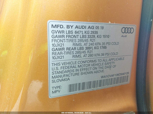 2019 Audi Q8 55 Premium მანქანა იყიდება აუქციონზე, vin: WA1CVAF13KD040129, აუქციონის ნომერი: 45190589