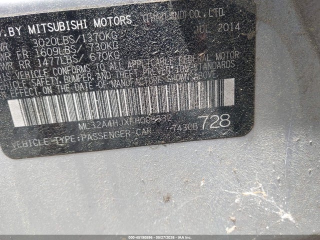 Aukcja sprzedaży 2015 Mitsubishi Mirage Es/rf, vin: ML32A4HJXFH006332, numer aukcji: 45190596