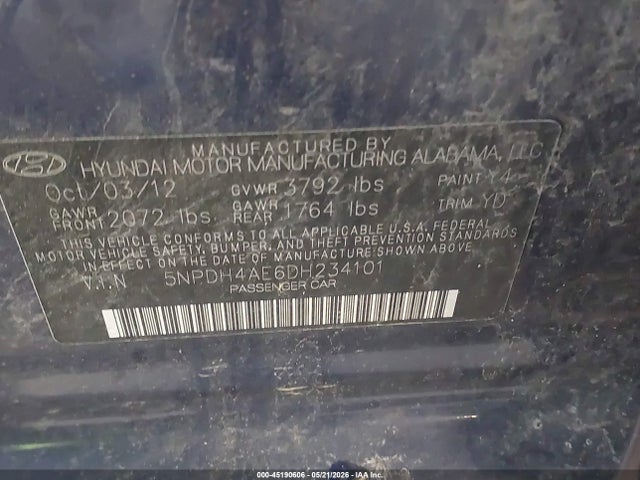 45190606 :رقم المزاد ، 5NPDH4AE6DH234101 vin ، 2013 Hyundai Elantra Gls مزاد بيع