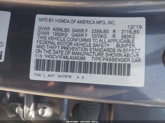 Honda ACCORD EX 2020 1HGCV1F44LA045389 Image 9