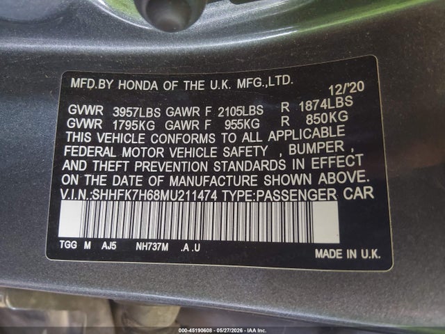 Honda CIVIC EX 2021 SHHFK7H68MU211474 Image 9
