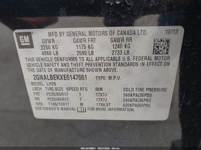 Продажа на аукционе авто 2014 Chevrolet Equinox 1lt, vin: 2GNALBEKXE6147661, номер лота: 45190621