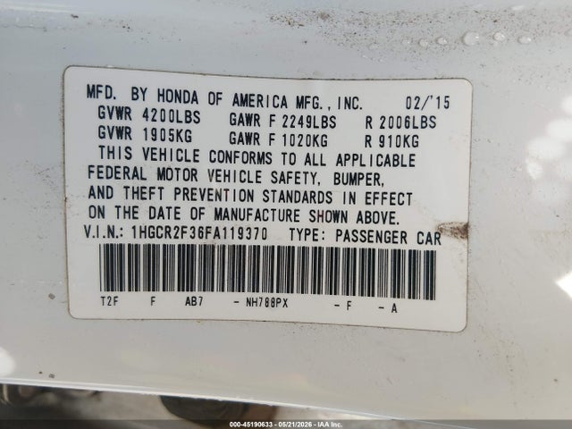 Honda ACCORD LX 2015 1HGCR2F36FA119370 Image 9